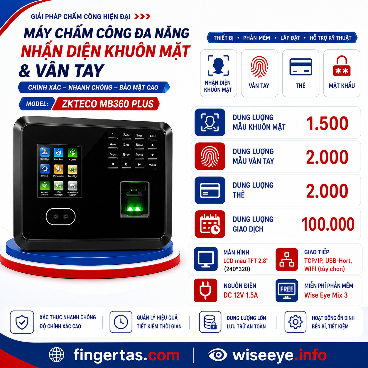 Máy Chấm Công Khuôn Mặt ZKTeco MB360 Plus