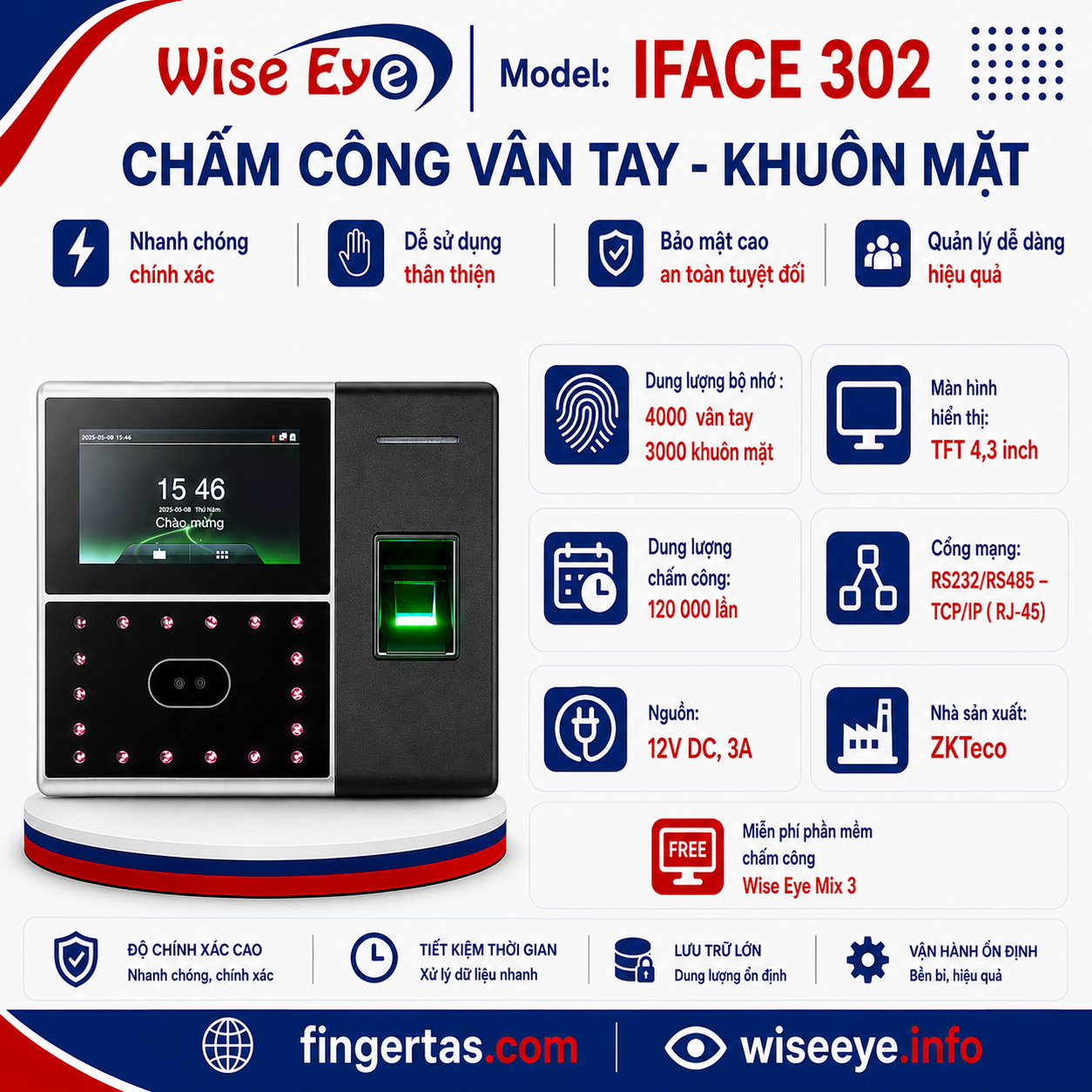 Máy chấm công bằng khuôn mặt IFACE 302 (Màu đen)