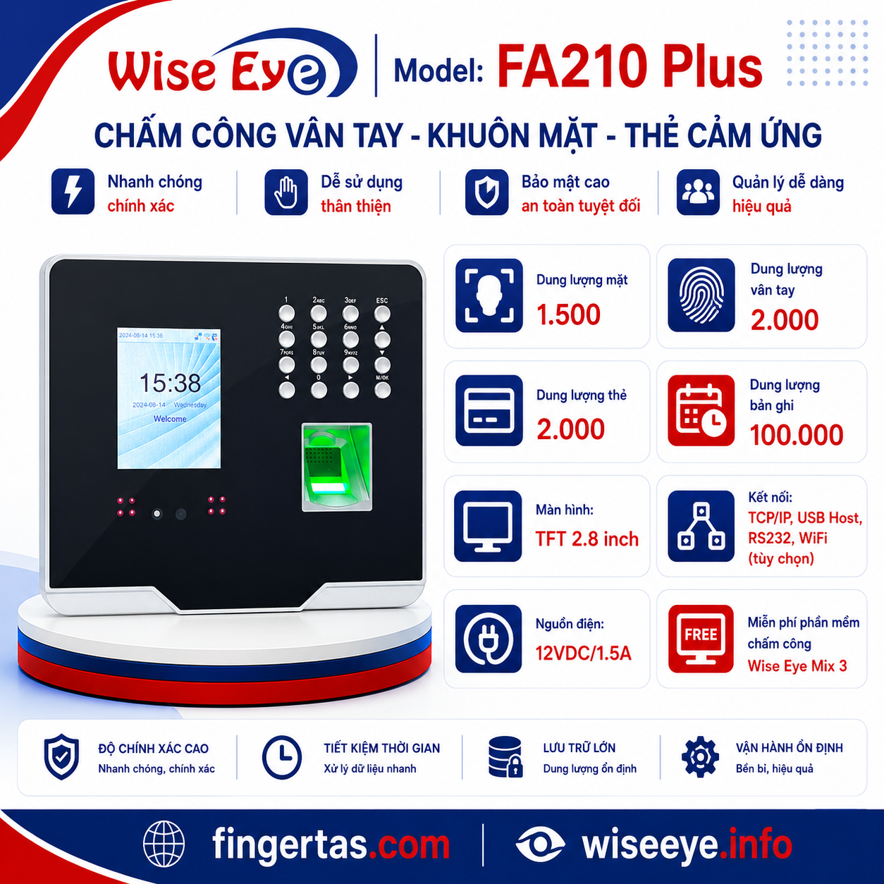 Máy chấm công vân tay và khuôn mặt FA210 Plus
