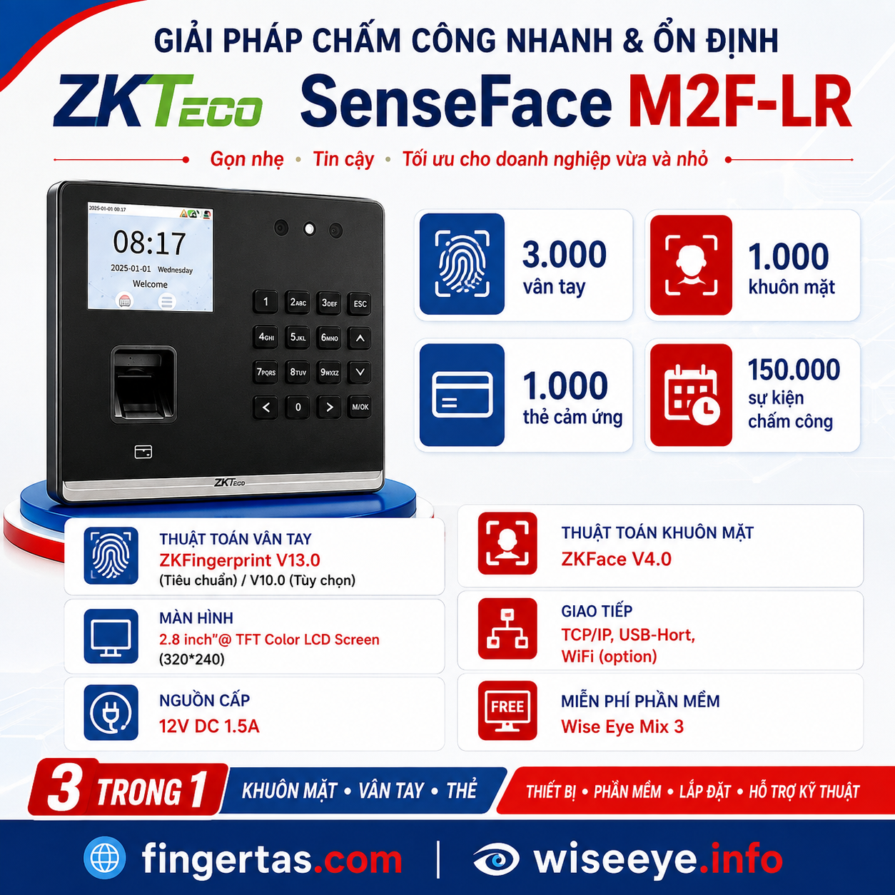 Máy chấm công bằng dấu vân tay ZKTeco SenseFace M2F-LR