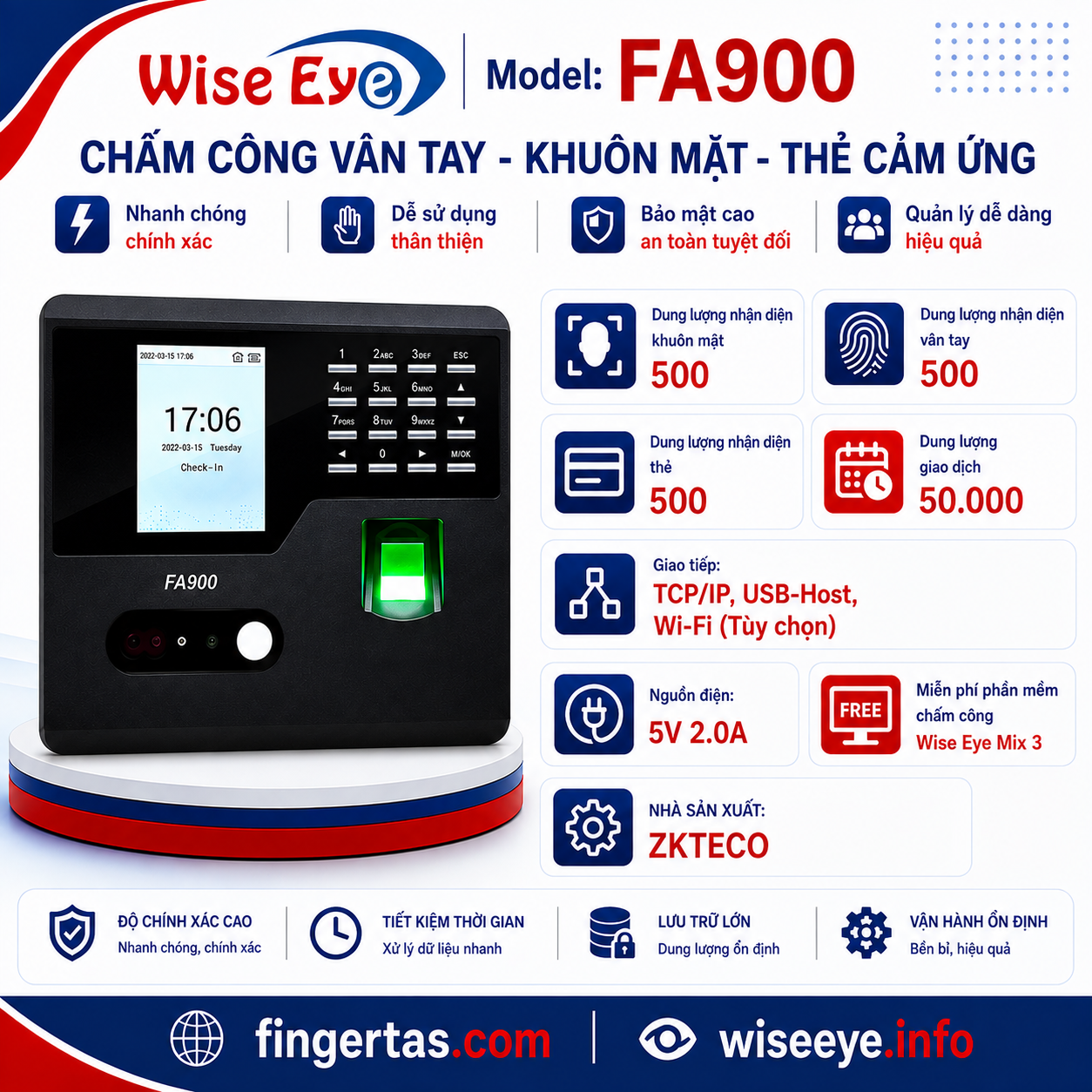 Máy chấm công vân tay và khuôn mặt FA900 