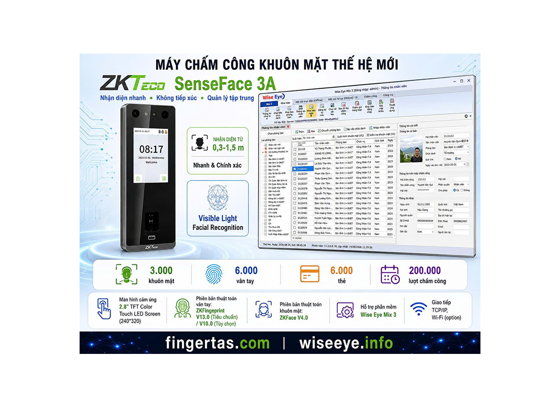 Máy Chấm Công Bằng Khuôn Mặt ZKTECO SenseFace 3A Máy Chấm Công Bằng Khuôn Mặt ZKTECO SenseFace 3A