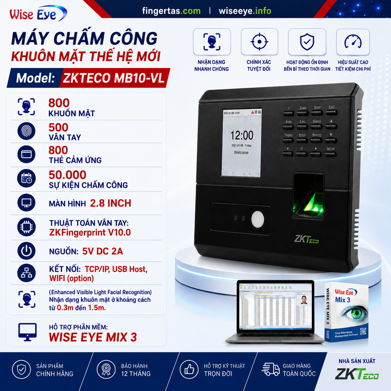 Máy chấm công khuôn mặt ZKTeco MB10-VL