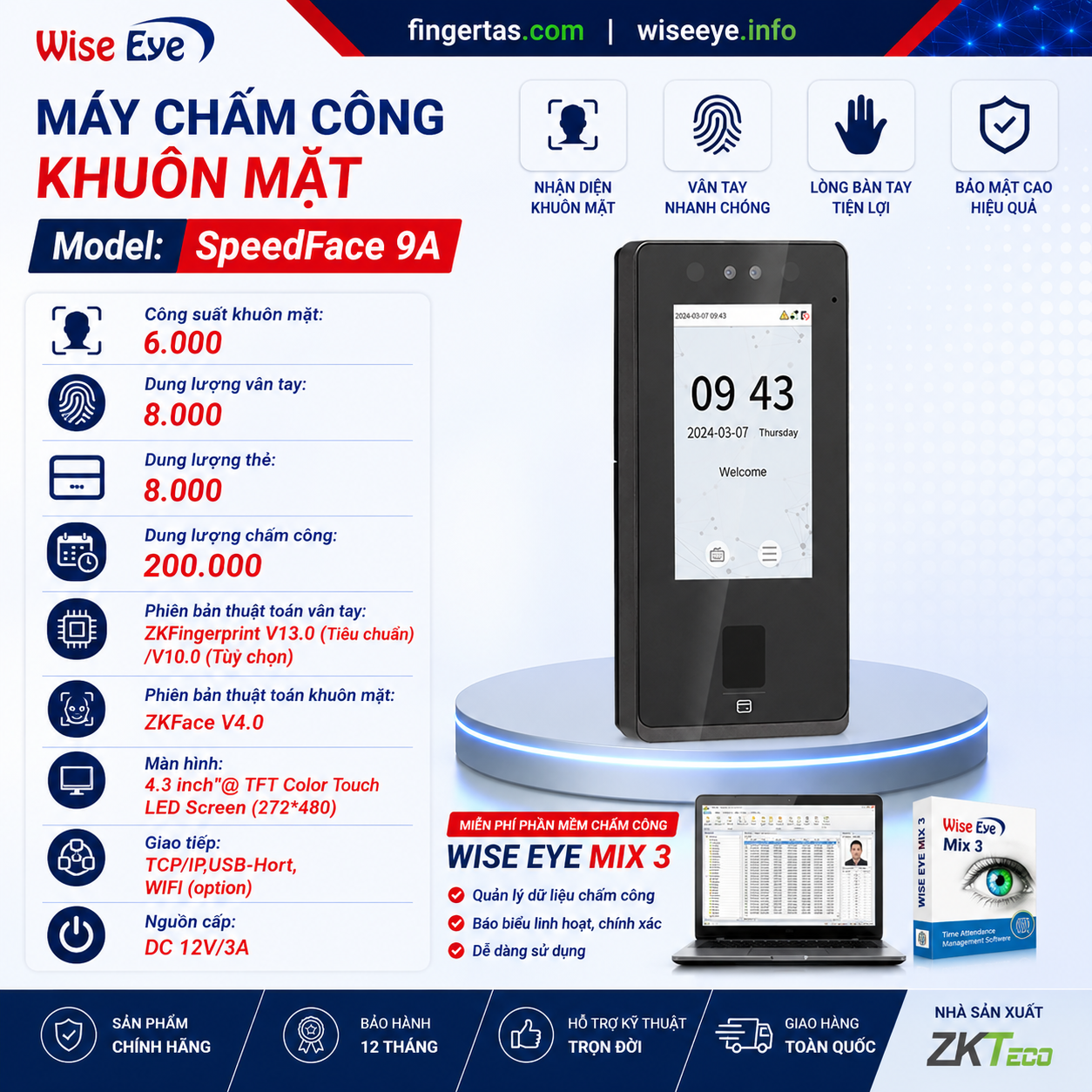 Máy chấm công bằng khuôn mặt SPEEDFACE 9A