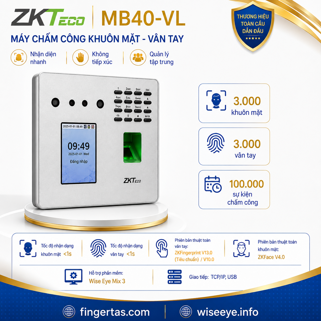 Máy chấm công khuôn mặt ZKTeco MB40-VL