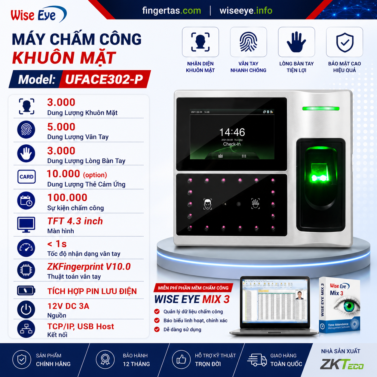 Máy chấm công bằng khuôn mặt uFace302-P