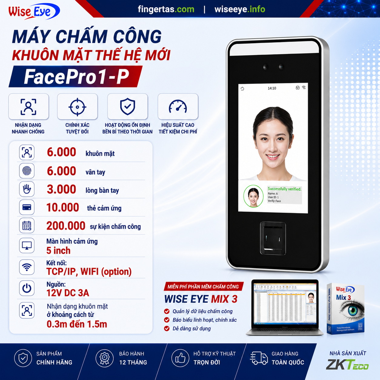 Máy chấm công bằng khuôn mặt FacePro1-P Máy chấm công bằng khuôn mặt FacePro1-P