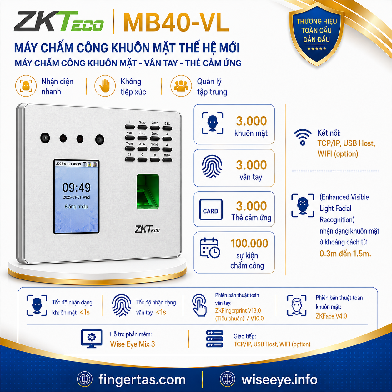 Máy chấm công khuôn mặt ZKTeco MB40-VL