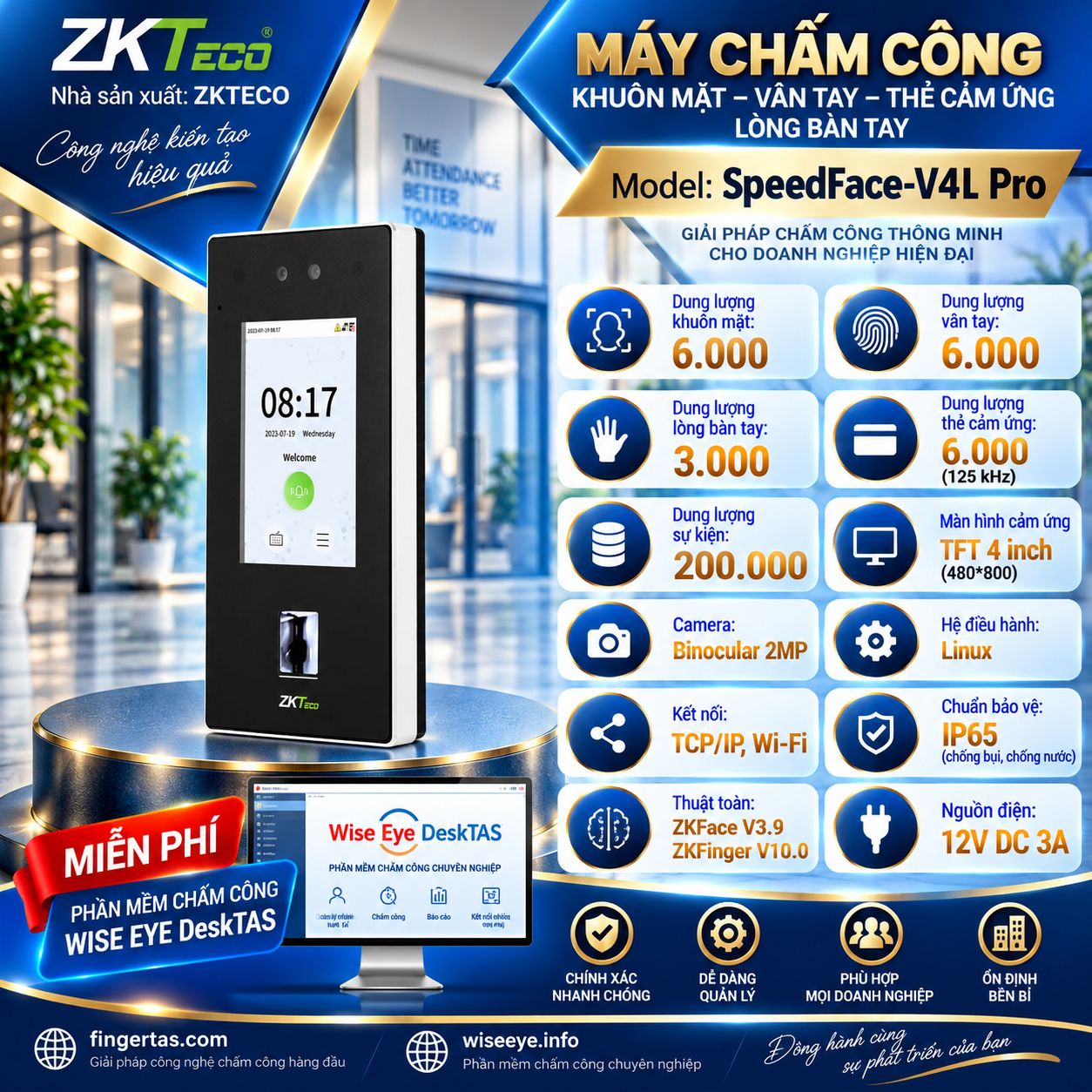 Máy Chấm Công Khuôn Mặt ZKTECO V4L PRO